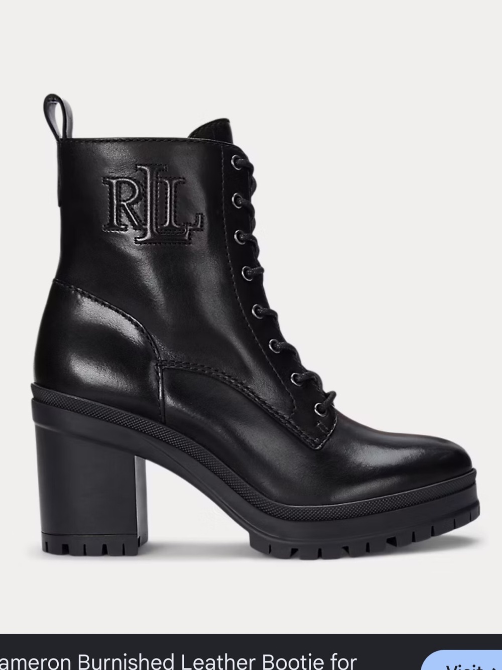 NIB Ralph Lauren Black Burnished Leather Lace-Up Heel Bootie